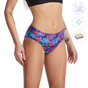 Maillot de bain menstruel ados bikini taille basse imprimé feuilles ou rayé