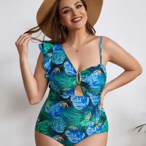 Maillot de Bain Grande Taille Imprimé Tropical avec Volant Asymétrique