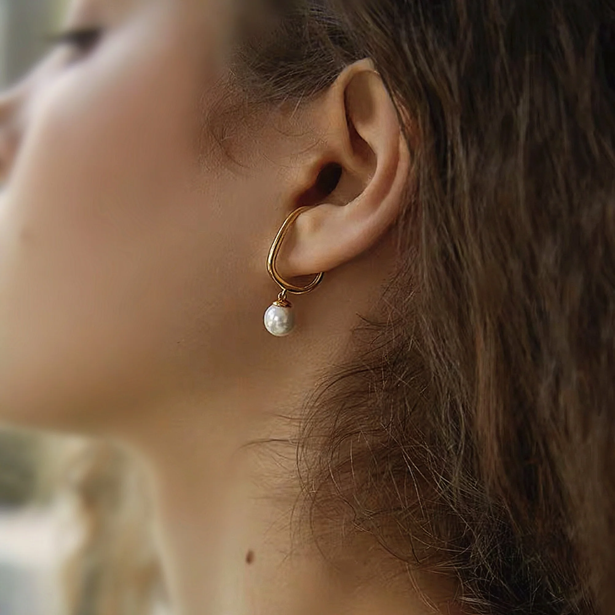 Boucle d'oreille Sans Perçage Manchette Pendante Perle Blanche – Image 2