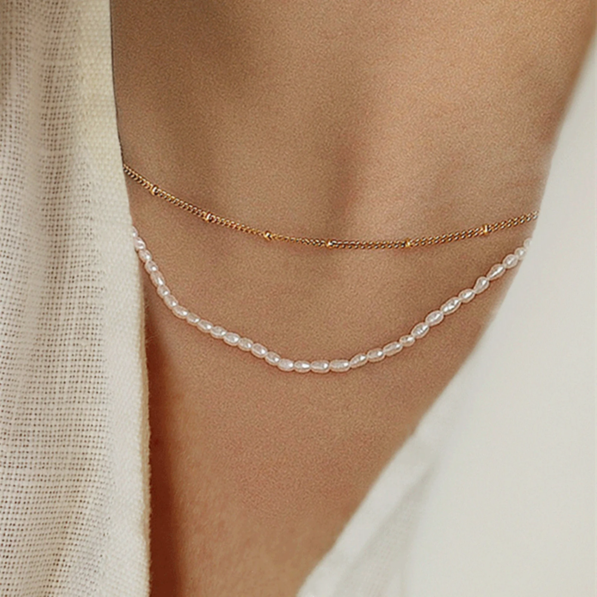 Collier Double Rangs Chaîne Billes et Chaine Perles