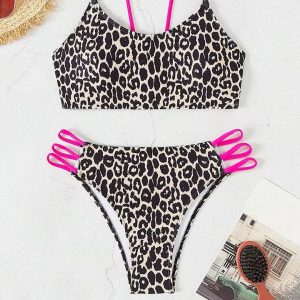 Maillot de Bain Léopard à Lanières Roses